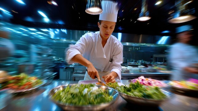 Chef chopping vegetables in busy kitchen, cinematic action, blurred movement