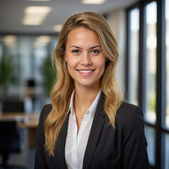 Confident businesswoman smiles, ready to lead in a modern office setting