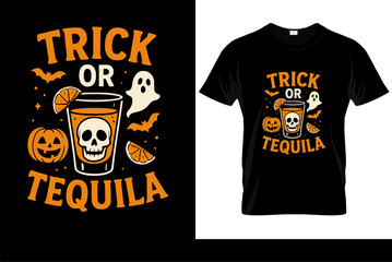 Trick or Tequila funny Halloween drinking pun. T-shirt design with spooky typography and jack-o'-lantern pumpkins. Vector graphic for an adult party.