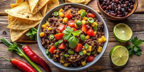 Taco bowl with fresh vegetables, tomatoes, corn, beans, lime, peppers, cilantro and parsley on a rustic wooden table, top view, close up delicious meal
