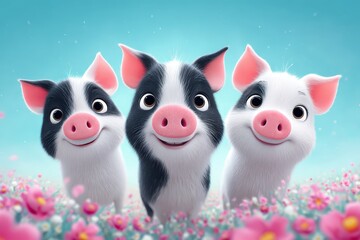 Cute Cartoon Piglets Smiling in Colorful Flower Field with Bright Sky