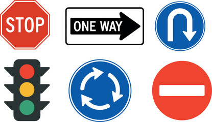 Traffic Sign Icon Set – Stop, One Way, U-Turn, Traffic Light, Roundabout, No Entry, Road Sign Vector Clipart