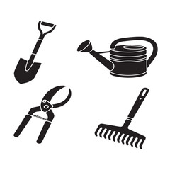 Vector art of gardening tools set including shovel, rake, pruners, and watering can isolated on white background