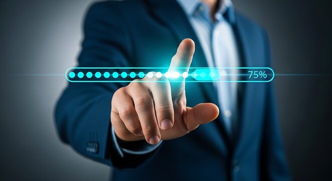 Closeup of a businessmans finger interacting with a glowing progress bar indicating 75 completion, representing advancement and successful process execution