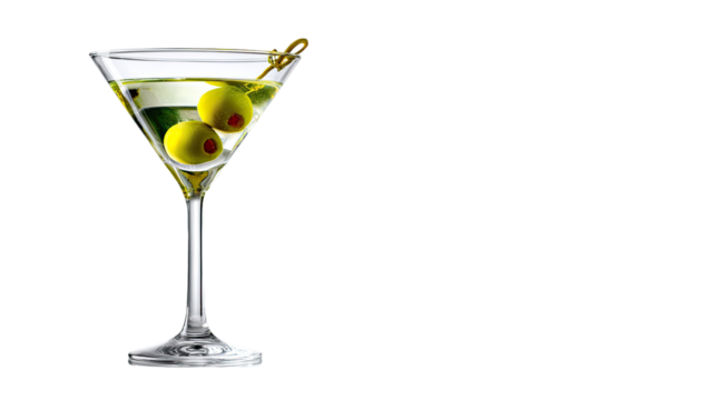 Martini glass with two olives. Clear, elegant cocktail glass, filled with a light, translucent liquid, garnished with two green olives and a gold toothpick