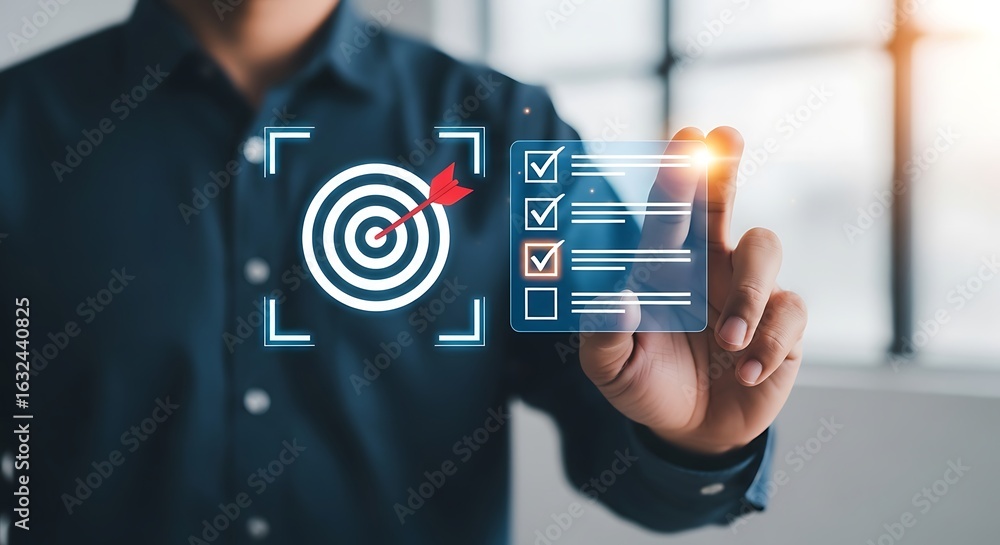 Aufkleber businessman touching a digital interface displaying a target with an arrow in the bullseye and a che