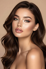 Obraz premium A beautiful and sexy woman with flawless golden tan skin and glamorous makeup. A close-up beauty portrait showcasing her glowing complexion, defined cheekbones, glossy lips, and captivating eyes. The 
