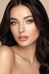 Obraz premium A beautiful and sexy woman with flawless golden tan skin and glamorous makeup. A close-up beauty portrait showcasing her glowing complexion, defined cheekbones, glossy lips, and captivating eyes. The 