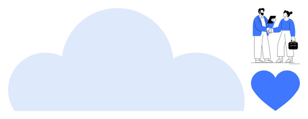 Blue cloud shape, businesspeople shaking hands with a tablet, and heart symbol emphasizing teamwork, connection, and innovation. Ideal for technology, collaboration, care, digital transformation