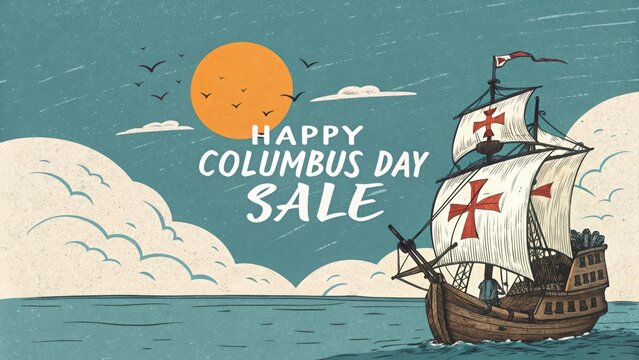 Happy columbus day sale illustration featuring a vintage ship at sea