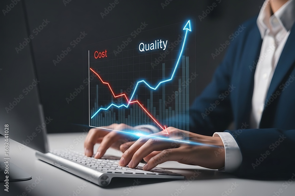 Poster business growth finance data analysis chart showing increasing quality and decreasing cost with prof