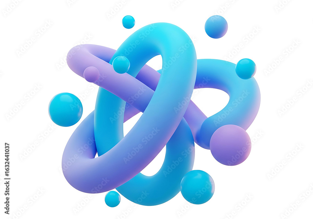 Poster abstract render featuring intertwining shapes and floating spheres, soft colors