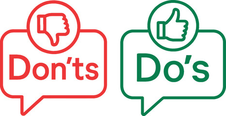 Do’s and Don’ts Icon Set – Thumbs Up Down, Speech Bubble, Red Green Outline, Advice Tips Vector Clipart