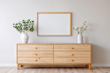 Blank vertical frame for wall art mockup in modern neutral nursery with wooden dresser and decorative plants in vases