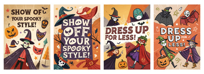 Fototapeta premium Set of four Halloween posters with witches skeletons pumpkins and vibrant costume ideas