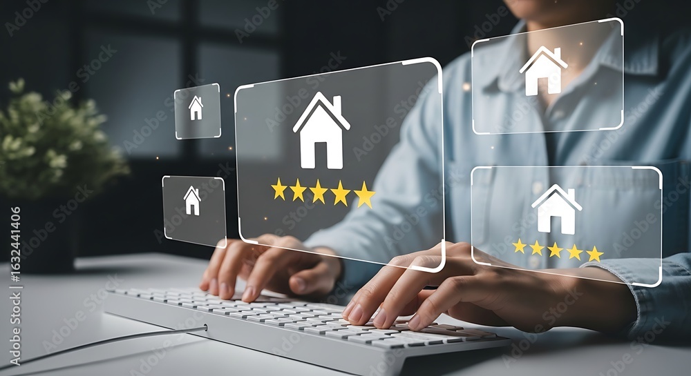 Poster person typing on keyboard, interacting with digital interface showing house icons and star ratings f