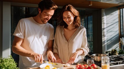 Couple cooking breakfast together in a modern kitchen, sunlight streaming through windows, teamwork and happiness, healthy lifestyle vibes