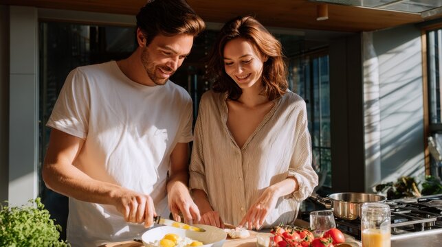 Couple cooking breakfast together in a modern kitchen, sunlight streaming through windows, teamwork and happiness, healthy lifestyle vibes