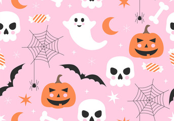 Halloween seamless pattern. Holiday design with pumpkin jack-o-lantern and web, bat and sweets, skull. Halloween background