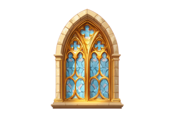 Ornate Gothic-style window.  Detailed, golden-framed, arched window with stained-glass panes of light blue and hints of gold, set against a dark background.  Stonework and trim are light beige