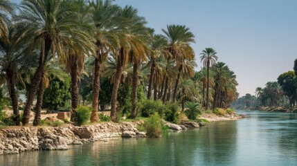 Obraz premium Palm trees line a calm river