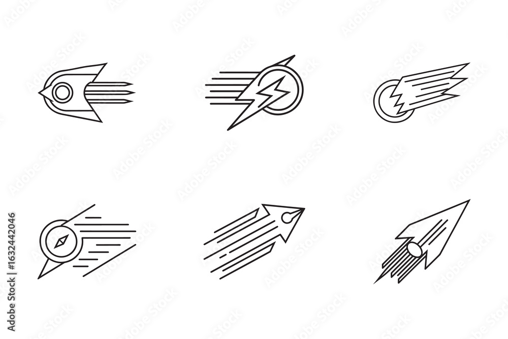 Poster collection of unique speed and energy line art icons representing progress and motion with a minimal
