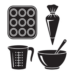 Vector art of set of black silhouette icons for baking and cooking muffin tin, mixing bowl with spoon, measuring cup, and piping bag, isolated on white background