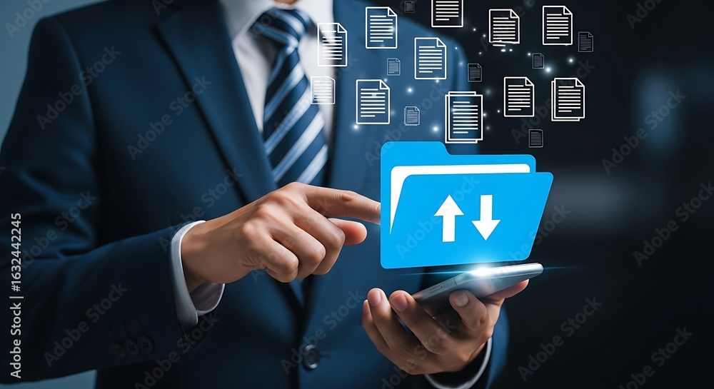 Aufkleber businessman using smartphone for data transfer, upload and download files with cloud storage and net