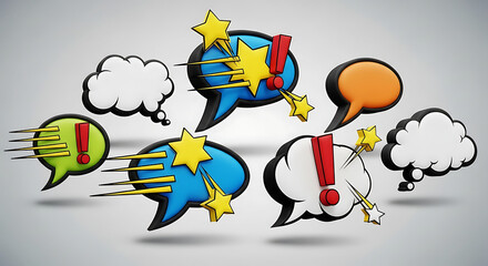 A collection of colorful 3D speech bubbles and thought clouds with exclamation marks and stars, representing dynamic communication and ideas.