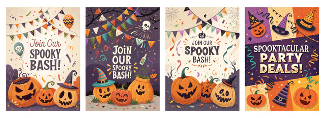 Obraz premium Set of four posters featuring smiling jack-o'-lanterns and festive banners for Halloween party decor