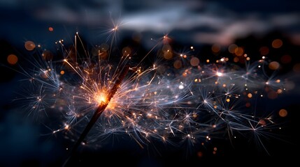 Close-up view of a sparkling firework sparkler in celebration of Independence Day at dusk in a festive atmosphere