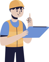 A construction worker in a hard hat and safety vest holds a tablet and points upwards.