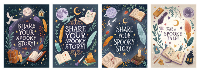Set of four posters featuring mystical night scenes with books moons and stars for spooky storytelling