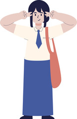 A young person in a school uniform, with dark hair, stands with their arms raised, fingers forming peace signs near their eyes, carrying a bag over their shoulder.