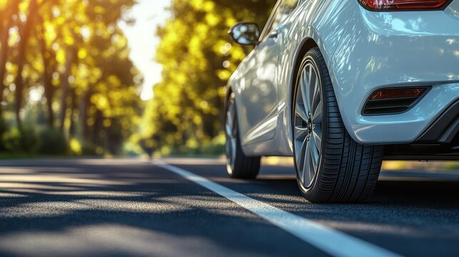 Modern vehicle cruising on a scenic road, embodying adventure and sleek performance