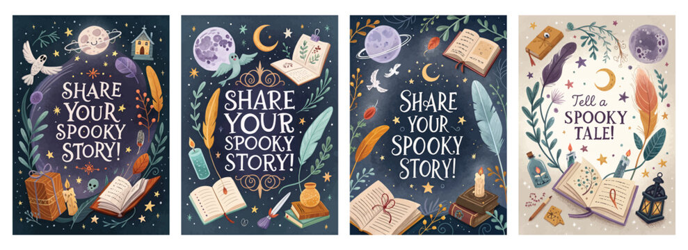 Set of four posters featuring mystical night scenes with books moons and stars for spooky storytelling