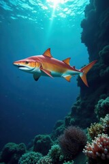 Fototapeta premium Dense school of amberjack, vibrant blue ocean, clear water, sunbeams
