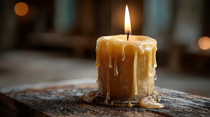 Candle melting slowly light dancing through wax drips onto a rustic surface