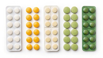 Blisters and tablets on white background