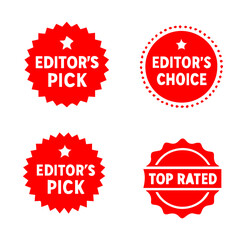 Colored Vector Set of Editor's Pick and Editor's Choice Badges, Includes Editorial and Top Rated Badge Designs in Bold Clean Style, Editable Formats: AI, EPS, JPG, PNG, 