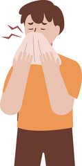 Fototapeta premium Illustration of a man holding a tissue to his nose, possibly sneezing or suffering from allergies.
