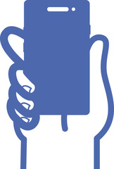 A minimalist blue and white icon showing a hand firmly holding a modern smartphone.