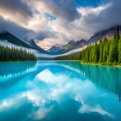 Obraz premium Mountain lake with a scenic reflection of a snowy forest and summer clouds in the Canadian Rockies
