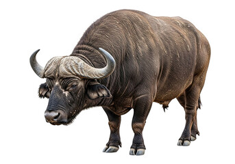 Obraz premium A powerful african buffalo stands on a transparent background, isolated, with its characteristic curved horns and rugged, dark coat