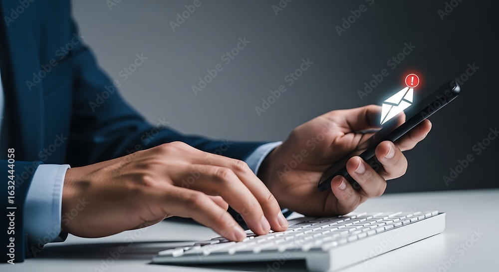 Poster businessman typing on keyboard while checking email notification on smartphone, concept of digital c