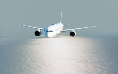Airplane flying over tropical sea at sunset