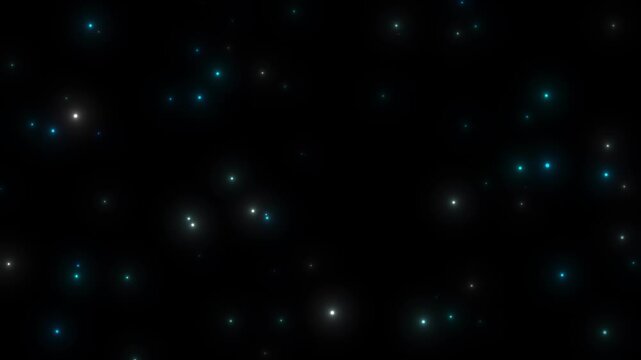 Glowing flying blue fireflies enchanted forest sparkles particles dust looping on black background overlay.