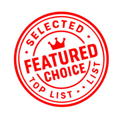 Featured Choice Badge in Red Color, Bold Vector Emblem for Editorial Highlights and Product Selection, Editable Formats: AI, EPS, JPG, PNG, Ideal for Both Digital and Print Use
