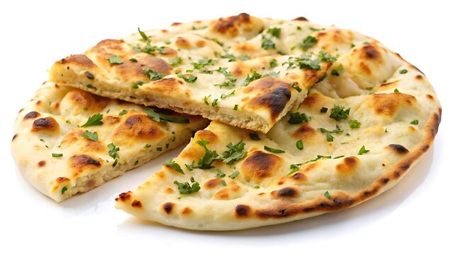 white and Golden brown garlic naan bread with a slice cut out isolated on white background