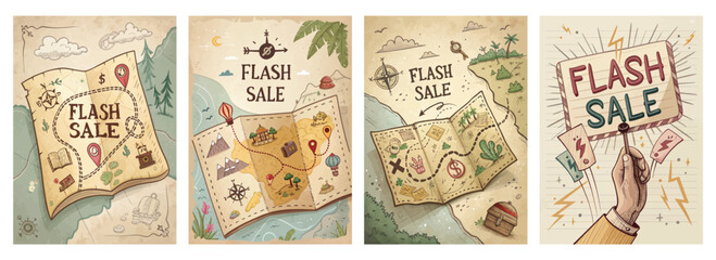 Set of four vintage-style posters featuring treasure maps and nautical imagery for adventure shopping